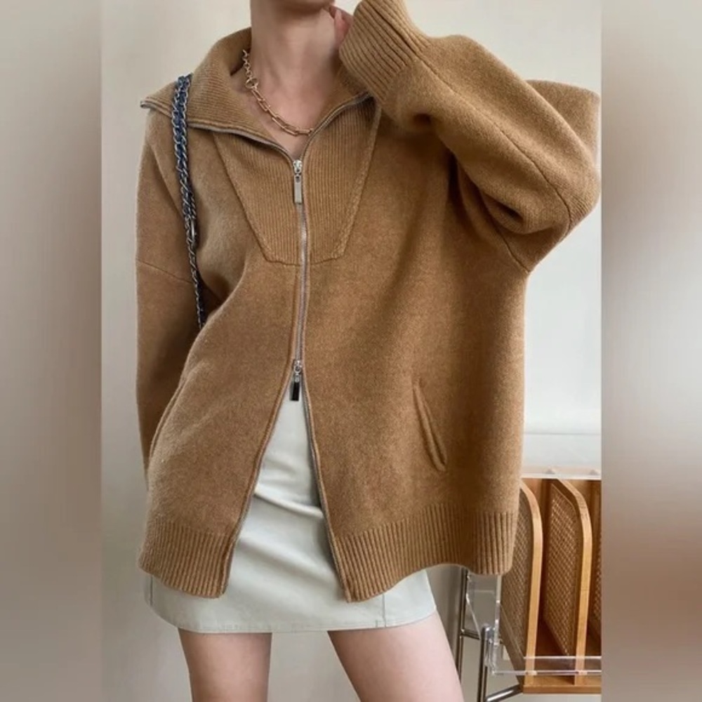Commense Camel Zip-Front Cowl Sweater